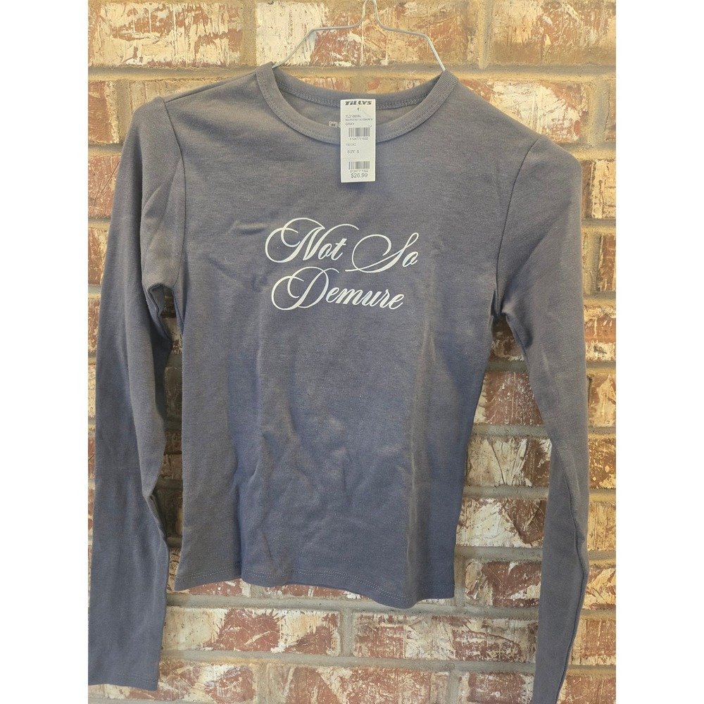 RSQ Gray Long Sleeve Top Not So Demure Graphic T Shirt Women's Size S